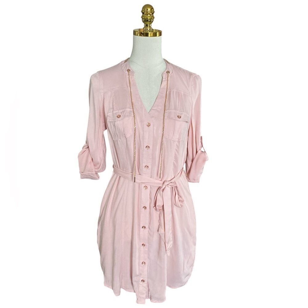 Guess Pink Button-Front Shirt Dress with Tie Waist